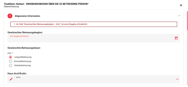 Hinweis: Fehlermeldung bei unvollständiger Eingabe