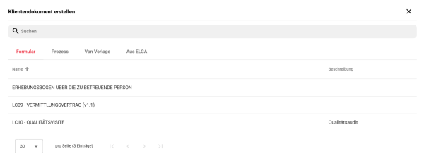Beispiel: Formularauswahl zur Dokumenterstellung