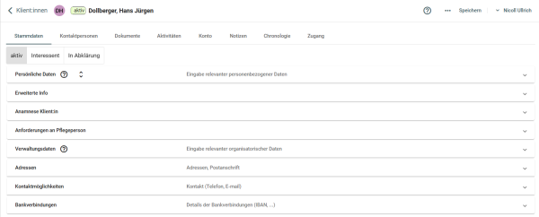 Maske Klientin mit Registerreitern zur Datenerfassung Maske Klientin mit Registerreitern zur Datenerfassung