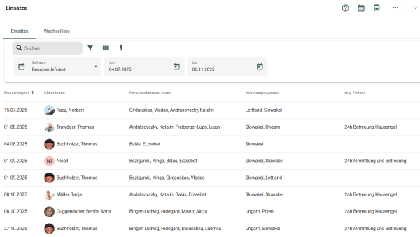 Beispielhafte Einsatzliste mit Filter- und Bearbeitungsoptionen